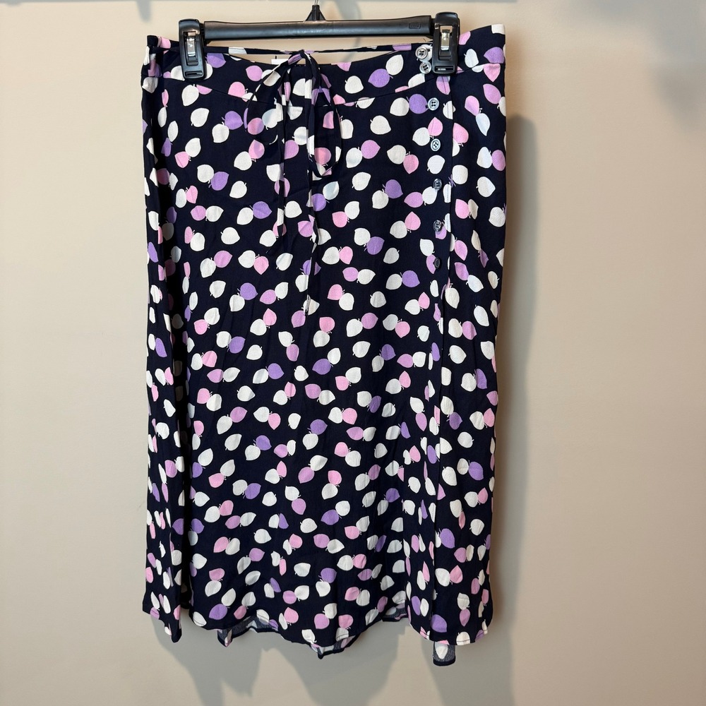 Talbots‎ Petite Navy Multi Polka Dot Midi Skirt Tie Waist Button Front